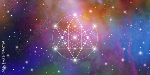 Merkaba sacred geometry spiritual new age futuristic illustration with transmutation interlocking circles, triangles and glowing particles in front of cosmic background
