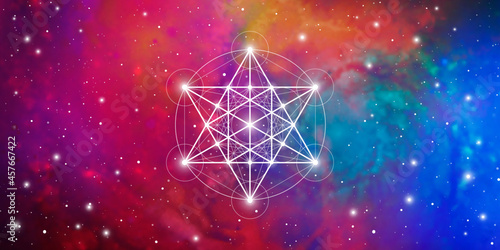 Merkaba sacred geometry spiritual new age futuristic illustration with transmutation interlocking circles, triangles and glowing particles in front of cosmic background
