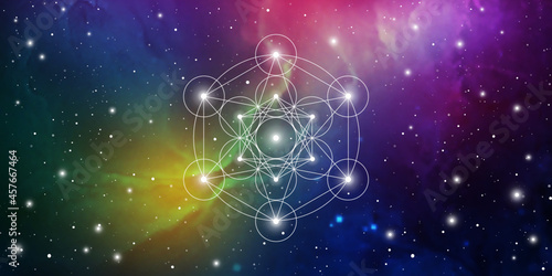 Merkaba sacred geometry spiritual new age futuristic illustration with transmutation interlocking circles, triangles and glowing particles in front of cosmic background 
