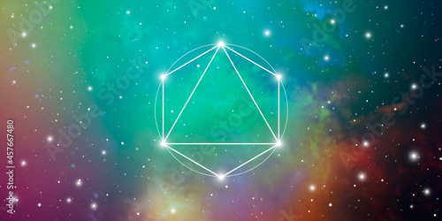 Merkaba sacred geometry spiritual new age futuristic illustration with transmutation interlocking circles, triangles and glowing particles in front of cosmic background
