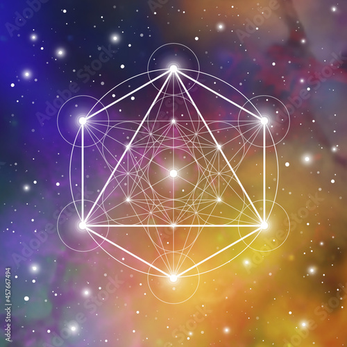 Merkaba sacred geometry spiritual new age futuristic illustration with transmutation interlocking circles, triangles and glowing particles in front of cosmic background
