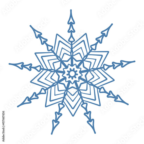Hand drawn blue snowflake icon isolated on white background. Winter design element snow flake frost crystal vector illustration.