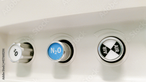 Control knobs of anesthesia machine's medical gas blender: oxygen, air and nitrous oxide. Focus on latter.