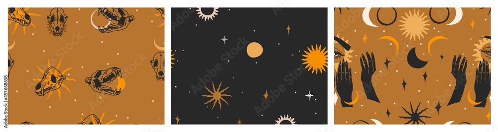 Hand drawn vector abstract flat stock graphic illustration seamless pattern collection set with magic astrology celestial golden moon phases,flowers and stars,contemporary mystic and collage shapes Hand drawn vector abstract flat stock graphic illustration seamless pattern collection set with magic astrology celestial golden moon phases,flowers and stars,contemporary mystic and collage shapes
