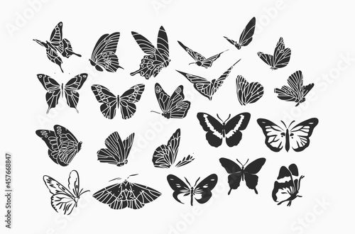 Hand drawn vector abstract stock flat graphic illustrations collection set bundle with logo elements,bohemian magic line silhouette art of mystic flying butterfly and moth,feminine simple style.