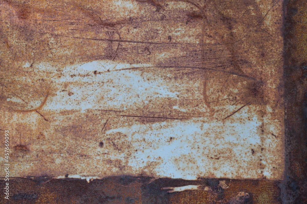 Old light blue painted grey rusty rustic rust iron metal frame background texture, horizontal aged damaged weathered scratched framed plain paint patch plate, grunge pattern copy space macro closeup Old light blue painted grey rusty rustic rust iron metal frame background texture, horizontal aged damaged weathered scratched framed plain paint patch plate, grunge pattern copy space macro closeup
