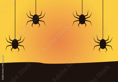 Iconos de arañas colgadas negras en fondo naranja