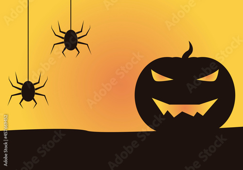 Silueta de calabaza y araña negra en fondo naranja.
