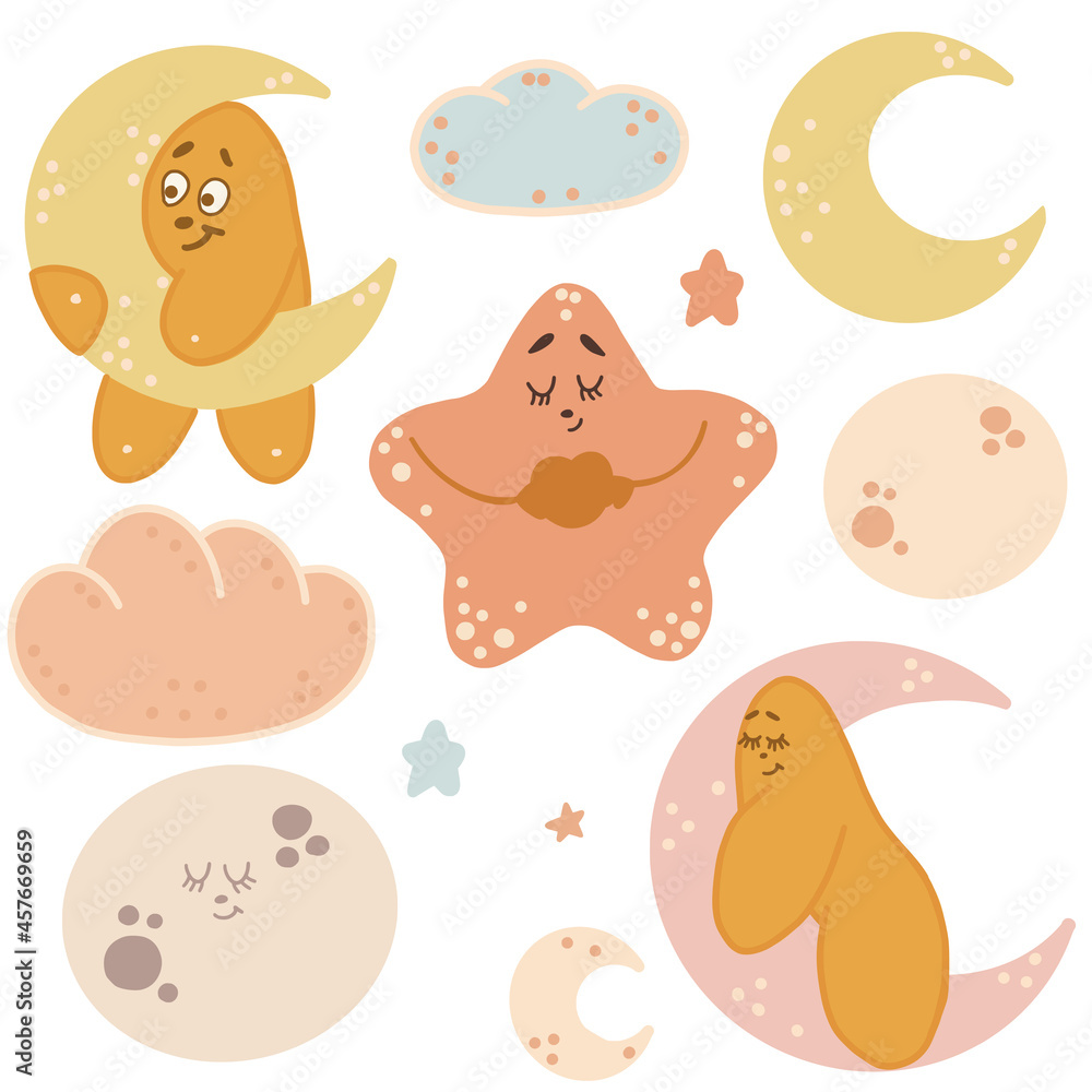 Fototapeta premium Vector set of moon, star, crescent and clouds.