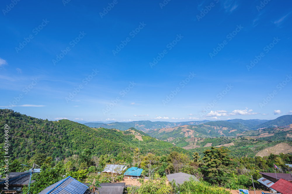Beautiful mountain view and blue sky on doi sky at nan province.Nan is a rural province in northern Thailand bordering Laos
