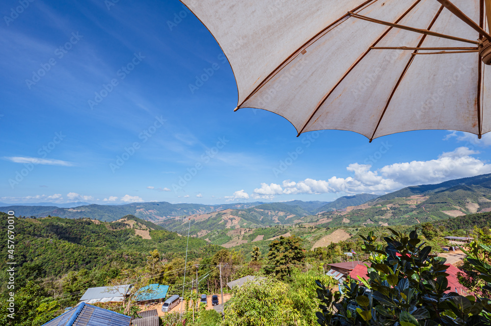 Beautiful mountain view and blue sky on doi sky at nan province.Nan is a rural province in northern Thailand bordering Laos.