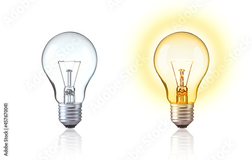 Turn on and turn off of Tungsten light bulb. Classic light bulb isolate on white background. show big idea,  innovation, save energy, idea of Evolution, old style or retro light bulb Concept.