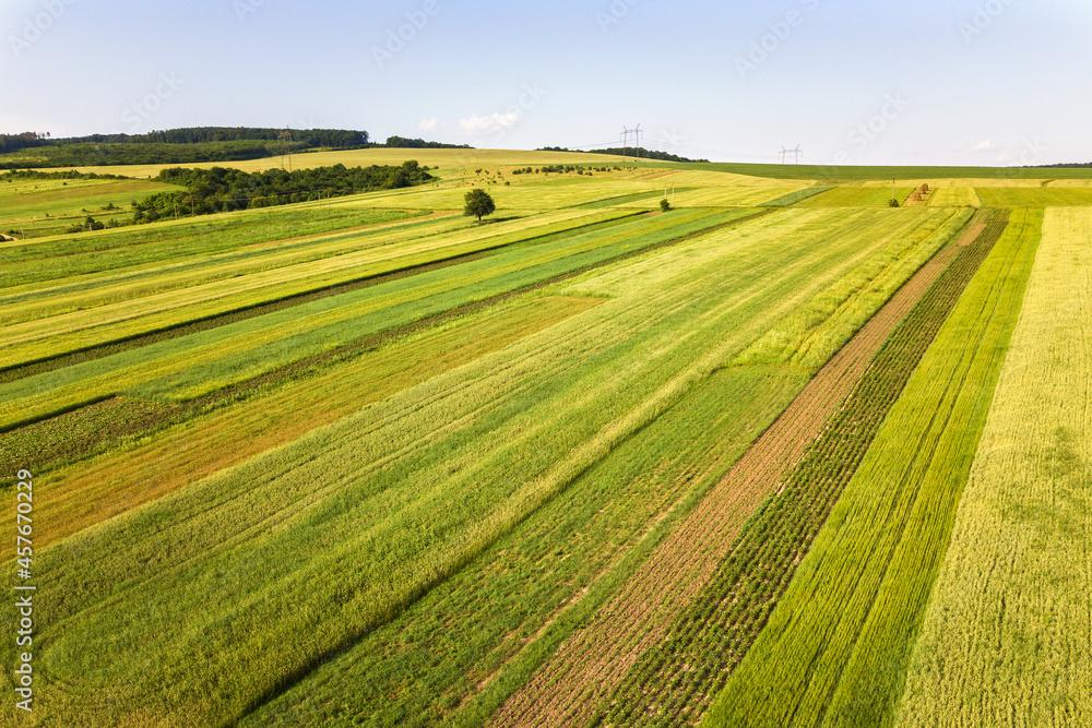 Aerial view of green agricultural fields in spring with fresh vegetation after seeding season on a warm sunny day. Aerial view of green agricultural fields in spring with fresh vegetation after seeding season on a warm sunny day.