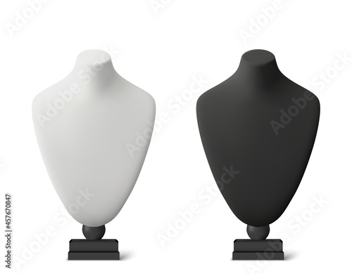 Realistic black and white stands for jewelry. Bust necklace mannequin vector realistic. Mannequin no head.