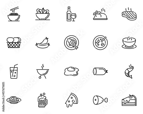 set of restaurant line icons, food, drinks, chef