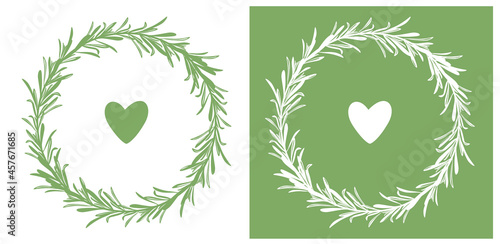 A wreath of rosemary branches with a heart inside. Vector silhouettes of green color isolated on a white background. For printing, cutting on a plotter, for making decor, invitations for holidays.