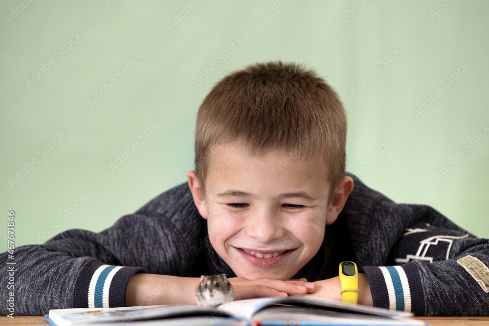 Close up portrait of smiling little boy reading book with small pet hamsters. Concept of studying with good mood. Close up portrait of smiling little boy reading book with small pet hamsters. Concept of studying with good mood.