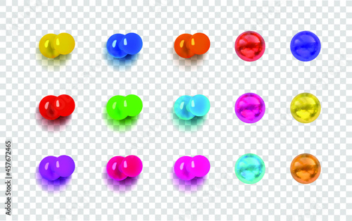 Vector Set of Colorful Push Pins Isolated on Light Transparent Background, Pin Buttons with Shadows, Different Bright Colors.