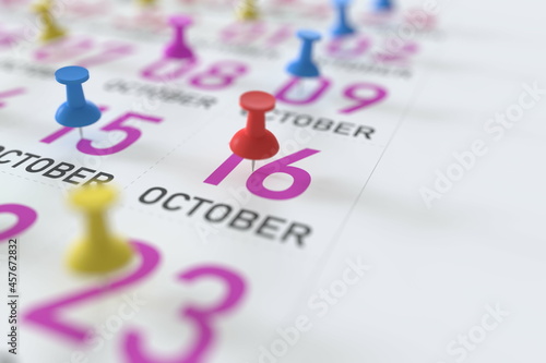 October 16 date and push pin on a calendar, 3D rendering