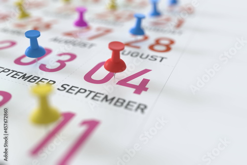 September 4 date and push pin on a calendar, 3D rendering