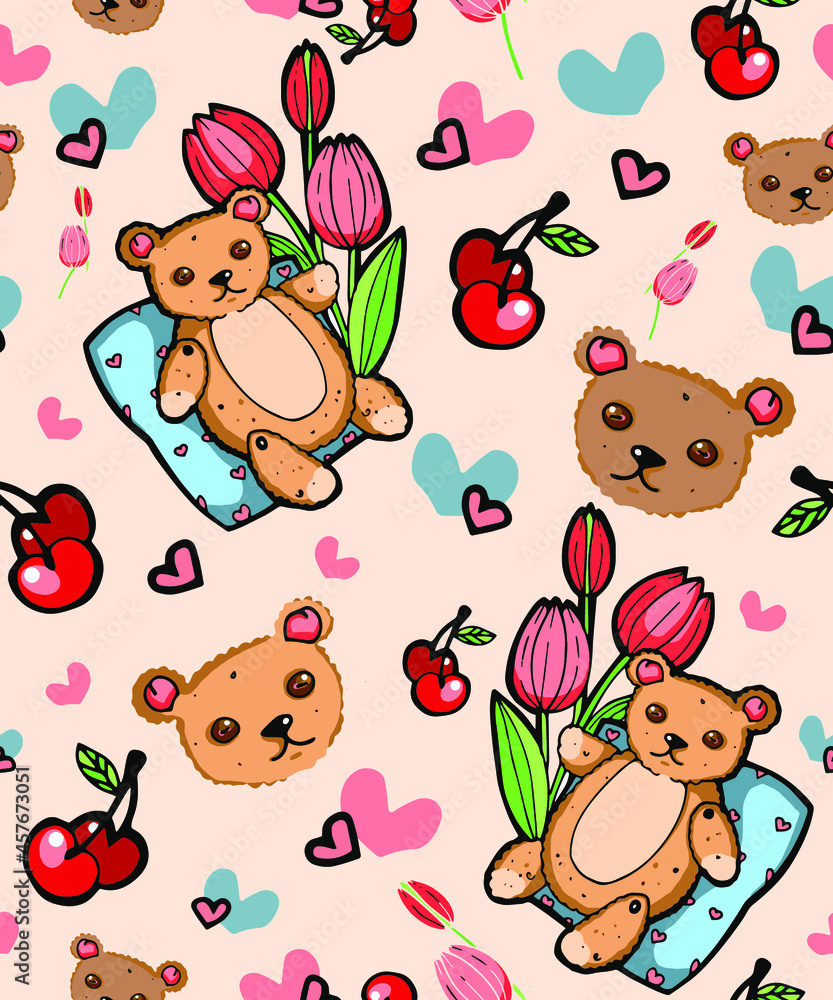 Fototapeta premium Color vector pattern. Bears and cherries on a pastel background. Suitable for textiles, wrapping paper, children's wallpaper, fabric.