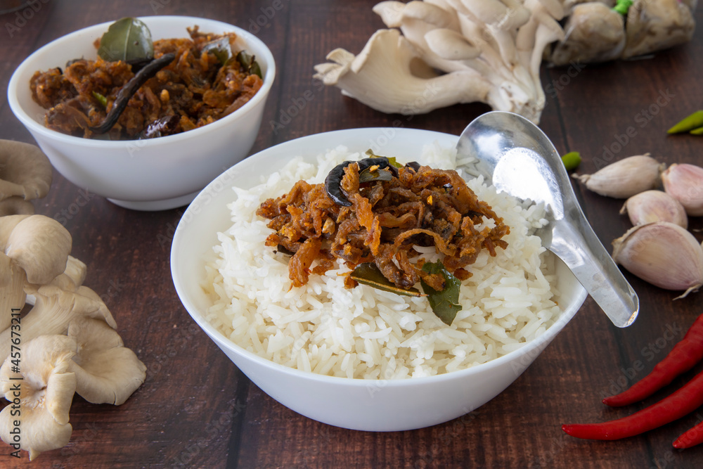 Thai organic mushroom chili paste with chili, fried onions and garlic called Nam Prik Thai organic mushroom chili paste with chili, fried onions and garlic called Nam Prik