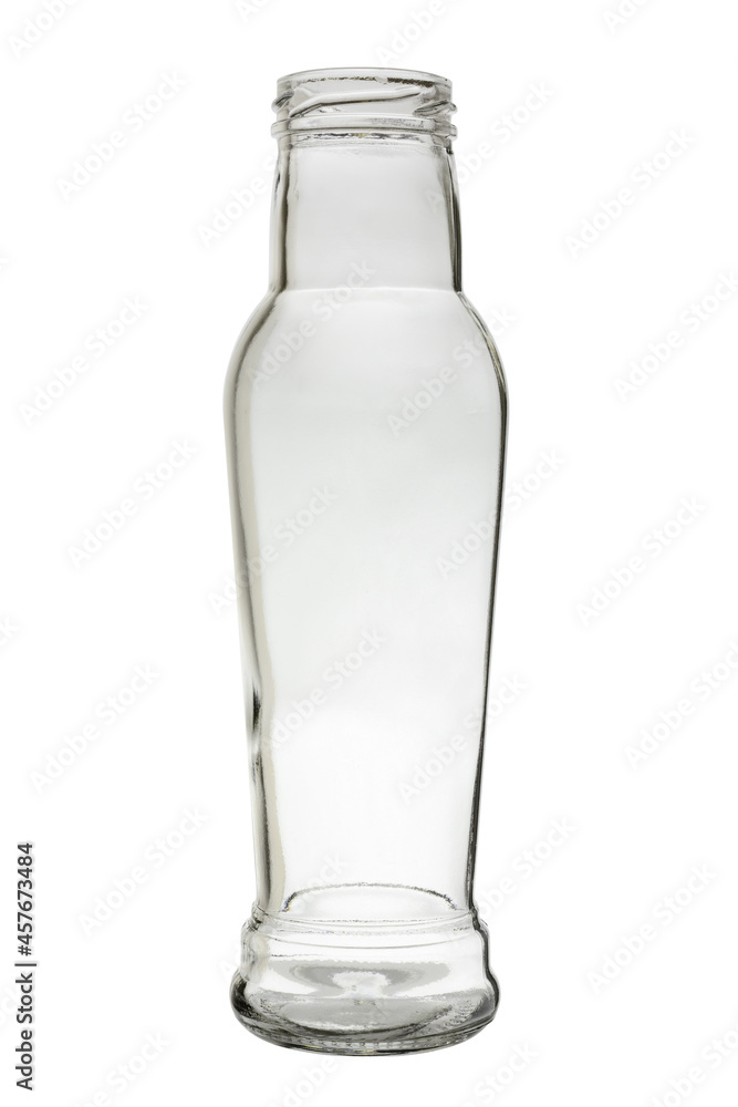 An empty glass bottle with a wide neck, transparent without a lid. Isolated on a white background, with reflection.