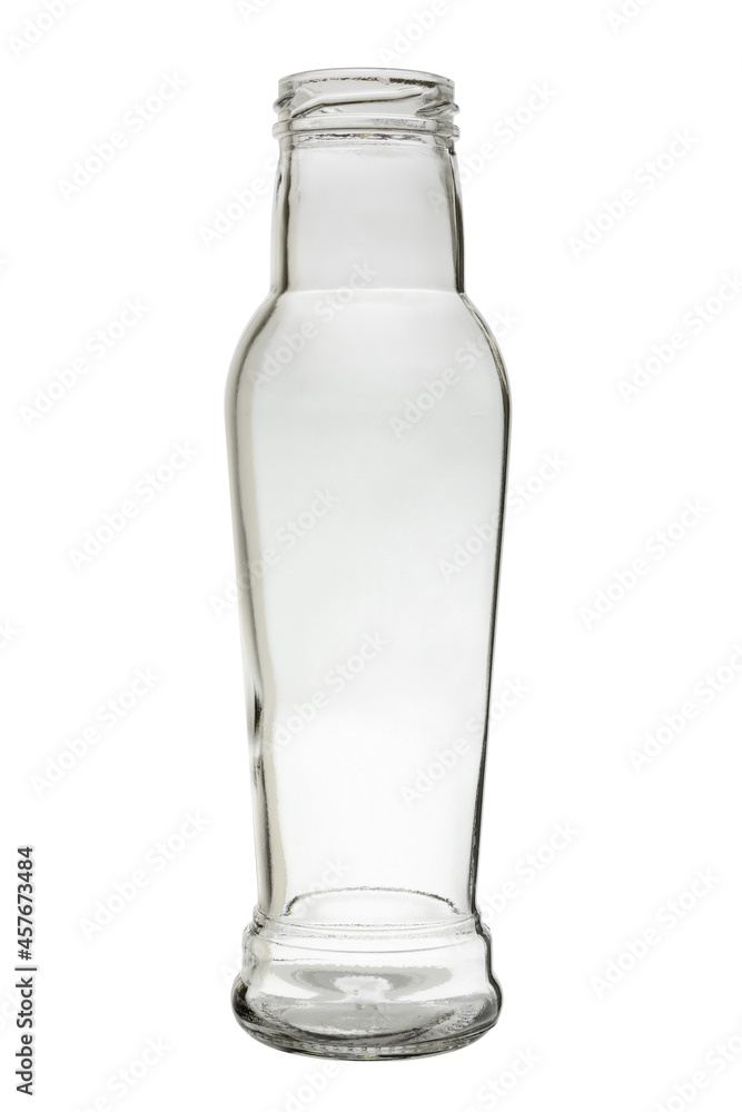 An empty glass bottle with a wide neck, transparent without a lid. Isolated on a white background, with reflection. An empty glass bottle with a wide neck, transparent without a lid. Isolated on a white background, with reflection.