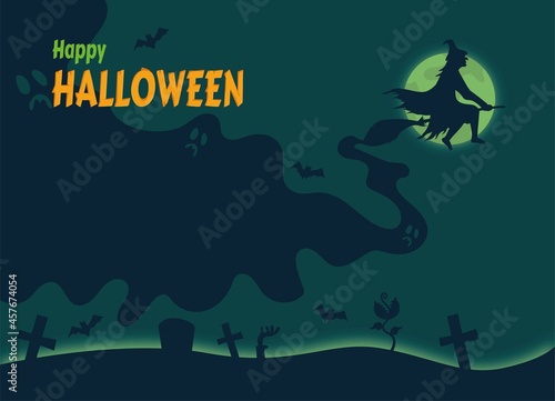 The witch is flying on a broomstick against the background of the moon. An illustration for Halloween. Halloween Invitation