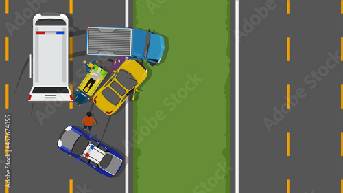 Sedan car crashes into a pickup truck on a parallel highway road made of asphalt. Ambulances and first aid units came to help the injured from the accident. Police cars block the road for safety.