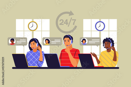 Customer service operators concept. Consulting clients 24 for 7. Virtual call center, handling call system. Vector illustration. Flat