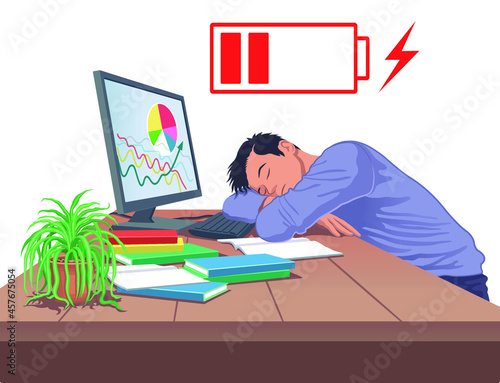 Man tired and sleep on desk in workplace vector illustration. Burnout syndrome exhausted at work.