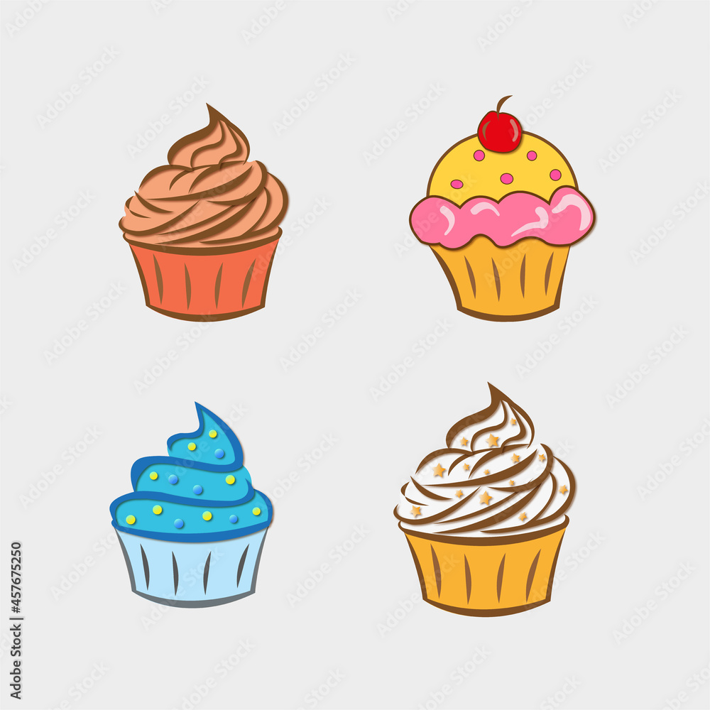 Baking and bakery cupcakes set. Cupcakes in cardboard boxes flat vector illustration Baking and bakery cupcakes set. Cupcakes in cardboard boxes flat vector illustration
