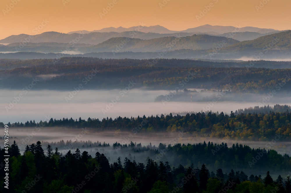 The view from the top of the mountain glider in Bezmiechowa Górna at sunrise to the Bieszczady Mountains