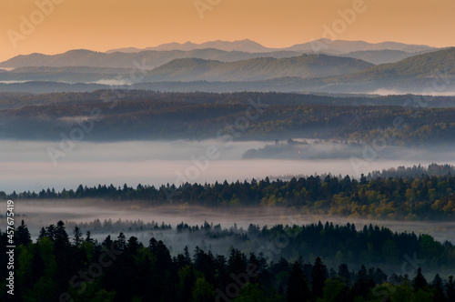 The view from the top of the mountain glider in Bezmiechowa Górna at sunrise to the Bieszczady Mountains