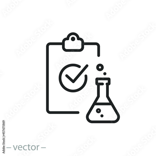lab test icon, chemical certified, laboratory clinical check, proven quality product, ​thin line symbol - editable stroke vector illustration