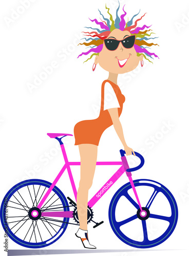 Pretty young woman rides a bike. Smiling young woman in sunglasses rides a bike isolated on white 