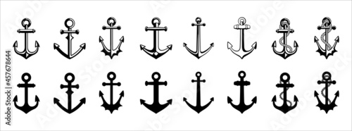 Anchor icons set collection. Assorted ship anchors vector set. Nautical and sailing symbol. Vector stock illustration.