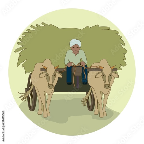 Indian man rides a cart with bulls in harness. Illustration in a circle