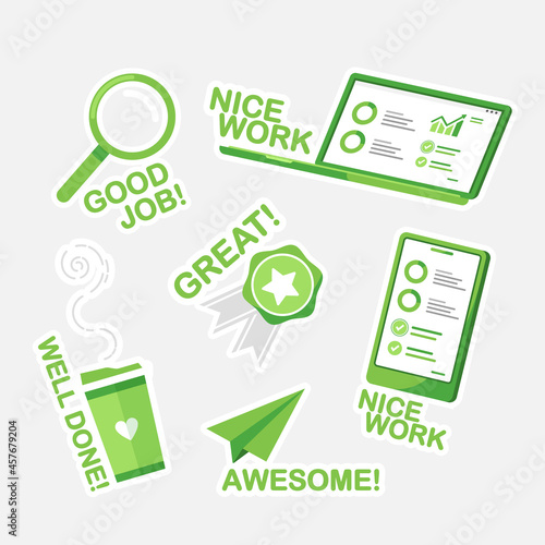 Cartoon good job and great job sticker set. Organic flat design. Green. Eps 10