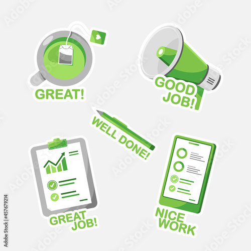 Cartoon good job and great job sticker set. Organic flat design. Green. Eps 10