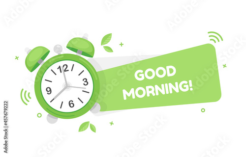 Green alarm clock with good morning text in a speech bubble banner. Flat design illustration. Eps 10