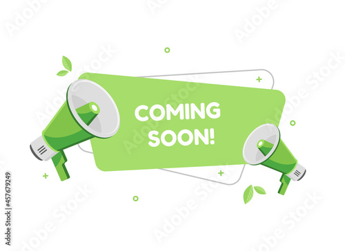 Coming soon banner with megaphones in flat design. Green. Eps 10