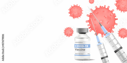 Vaccination concept.  COVID-19 coronavirus vaccine bottle and and syringe with needle. Vector Illustration