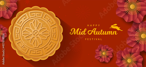 Mid Mid Autumn festival banner with rabbit, mooncake and flower. Paper cut style. Vector photo