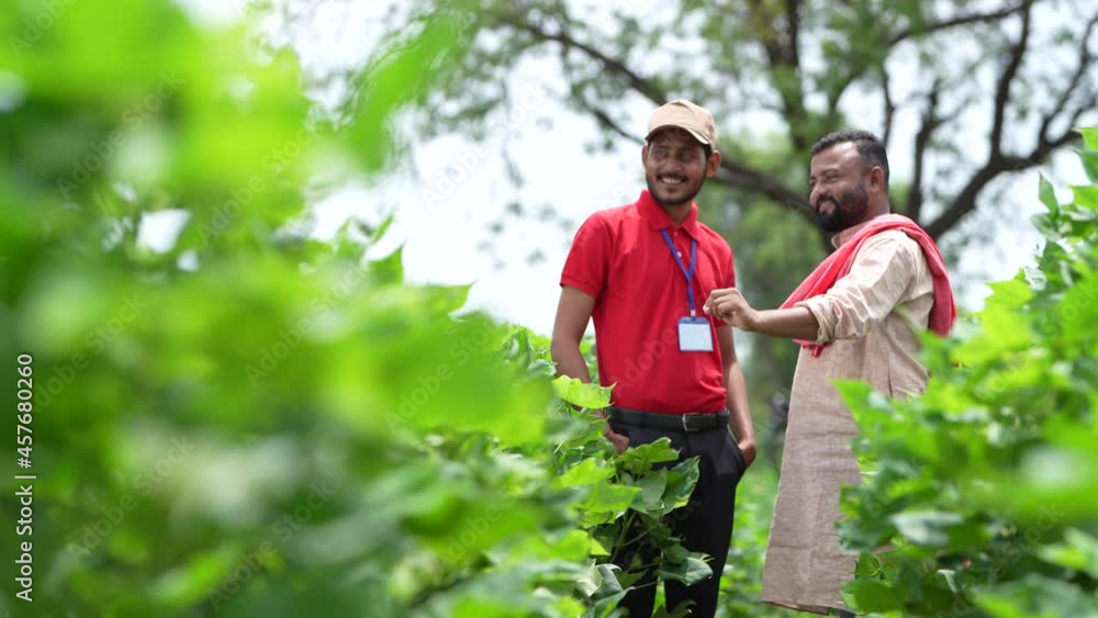 Young indian agronomist or banker showing some information to farmer in smartphone at agriculture field. Young indian agronomist or banker showing some information to farmer in smartphone at agriculture field.