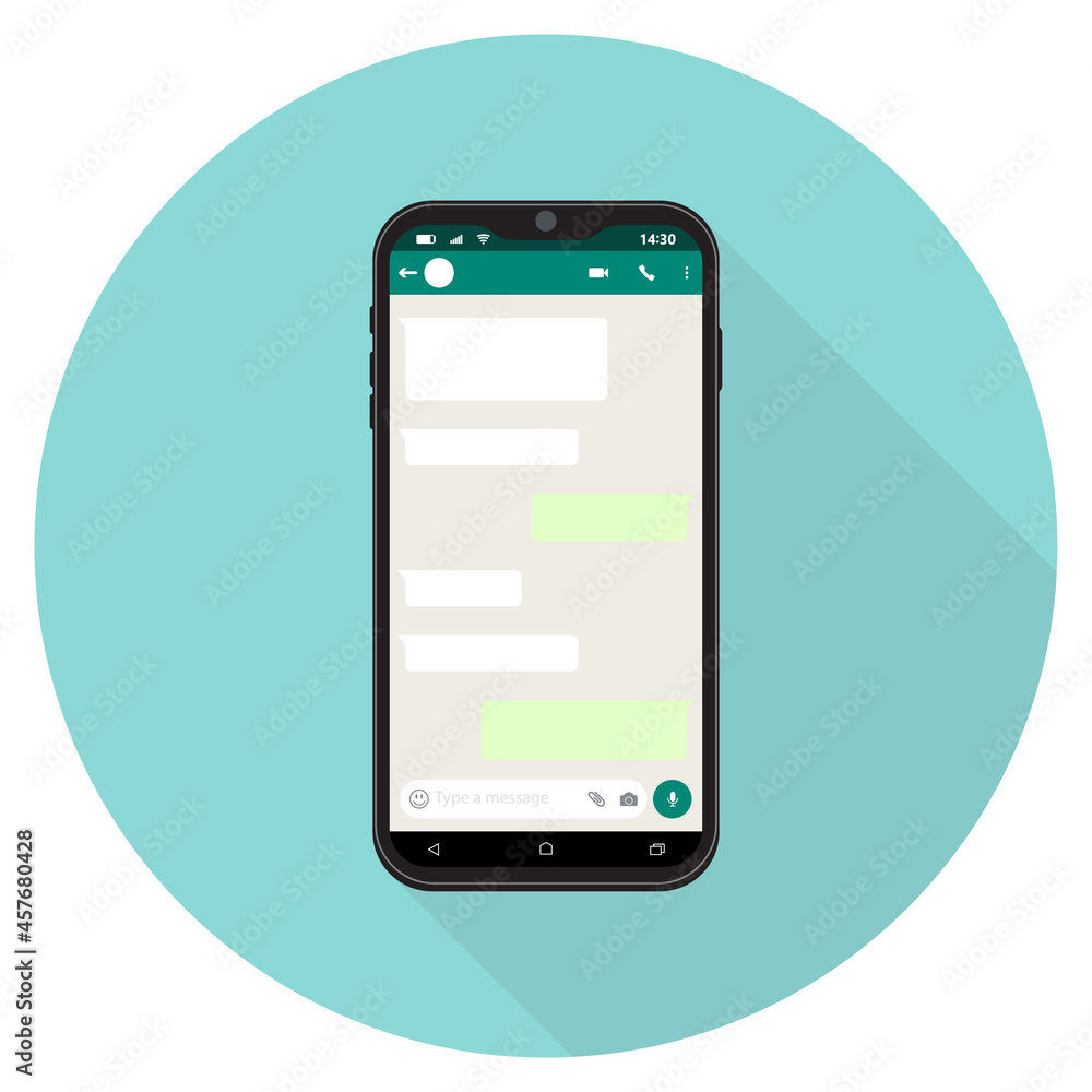 Mockup of phone with mobile messenger on screen, inspired by WhatsApp and other similar apps. Modern design. Mockup design of mobile messenger. Mockup of phone with mobile messenger on screen, inspired by WhatsApp and other similar apps. Modern design. Mockup design of mobile messenger.
