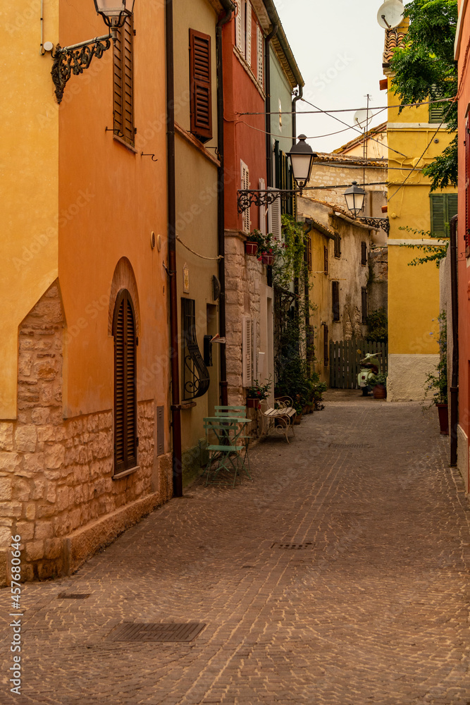 View on a street with typical houses of Sirolo, Riviera del Conero, Marche - Italy