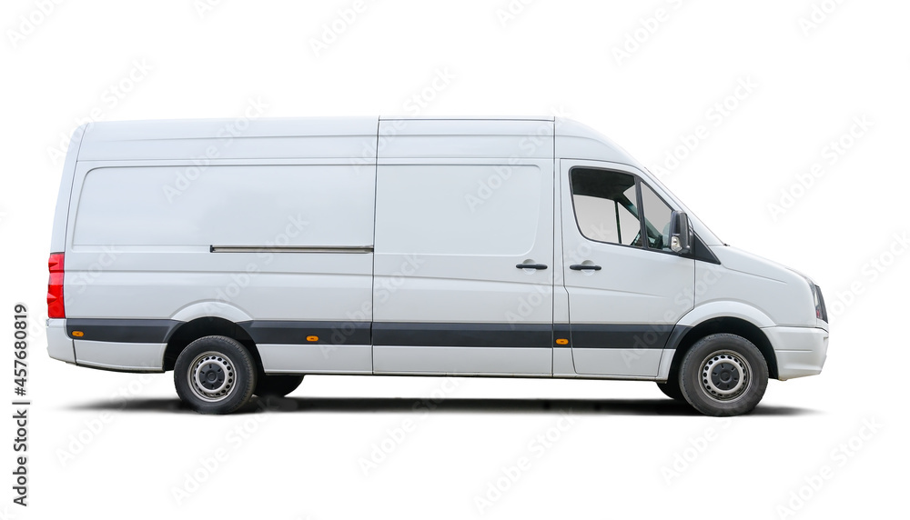 White van, side view with blank panels isolated on a white background