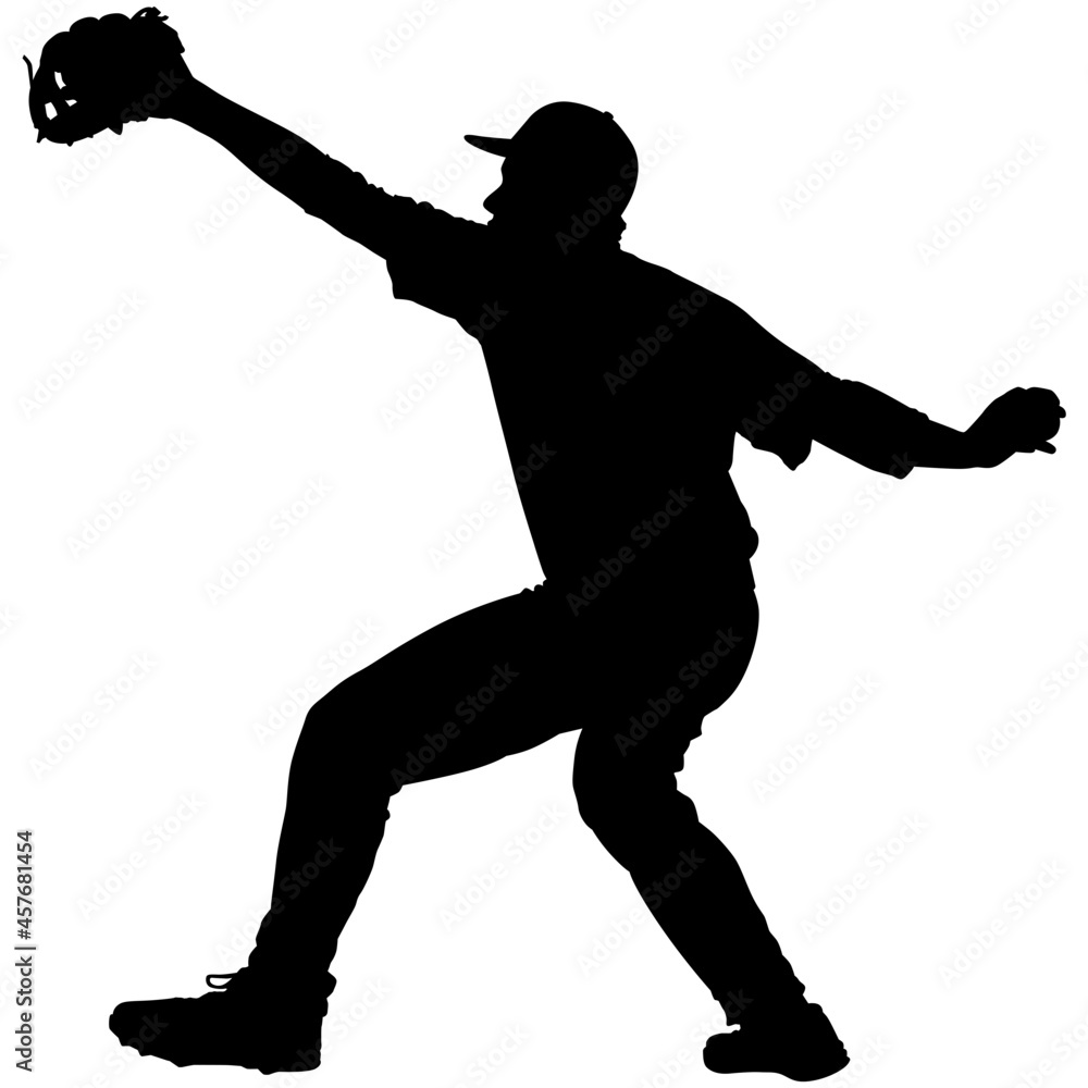 Baseball player, pitcher while throwing ball. Pitcher throwing a ball. Detailed realistic silhouette Baseball player, pitcher while throwing ball. Pitcher throwing a ball. Detailed realistic silhouette